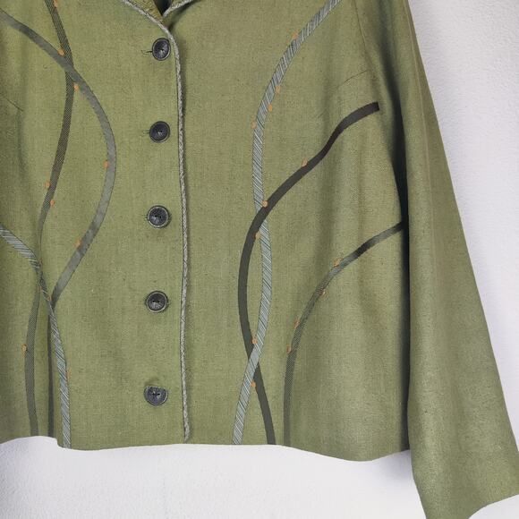 Elizabeth Gillem Art to Wear Tweed Lagenlook Olive Green Button Up Jacket Large - Picture 5 of 10